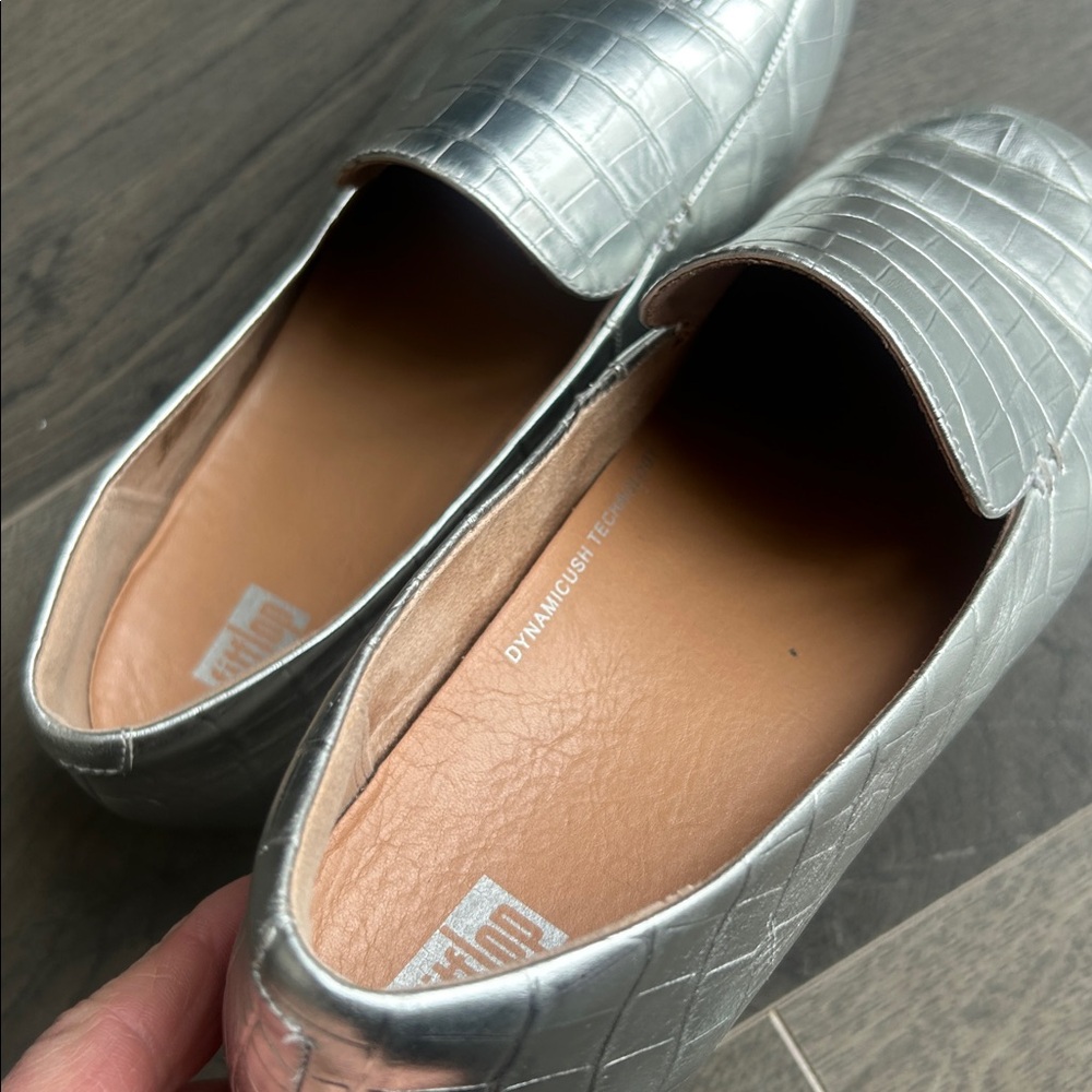 Fitflop Lena Croc-Embossed Silver Metallic Leather Loafer Flat Size 8 Comfort - Picture 13 of 16